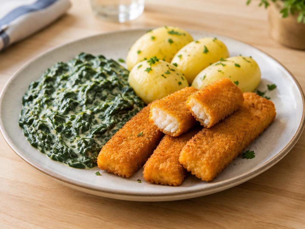 Fischstäbchen mit Spinat und Kartoffeln