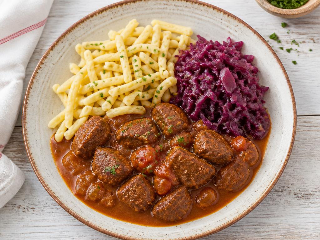 Gulasch mit Nudeln und Rotkohl