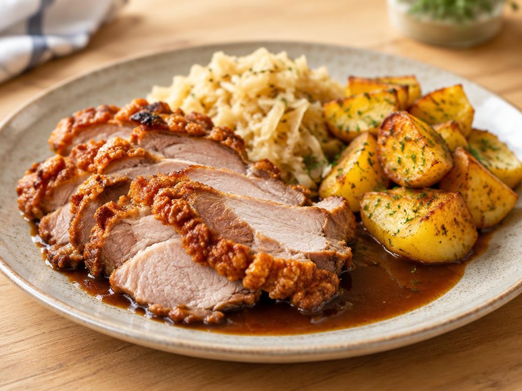 Schweinekrustenbraten mit Sauerkraut und Ofenkartoffeln