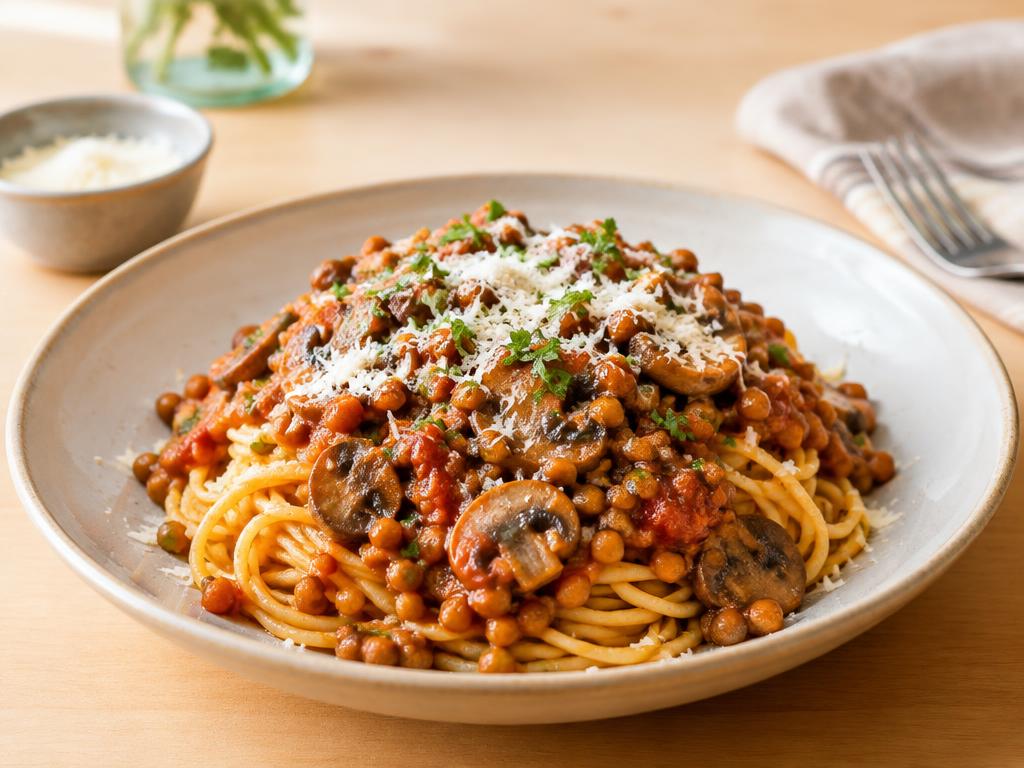 Spaghetti mit Linsen-Pilz-Bolognese