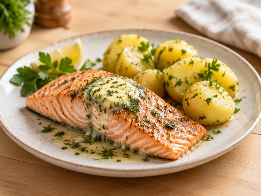 Ofenlachs mit Kräuterbutter und Kartoffeln