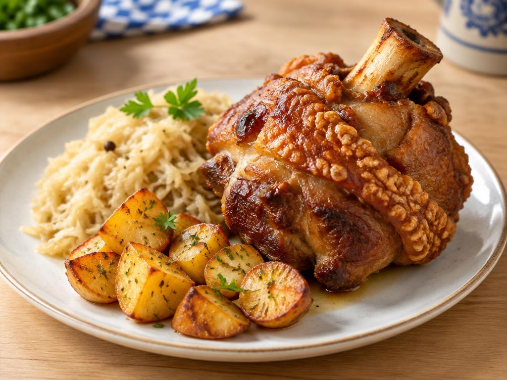 Schweinshaxe mit Sauerkraut und Ofenkartoffeln