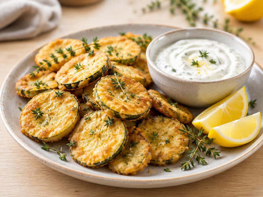 Zucchini im Thymianbackteig mit Joghurtsauce und Zitrone